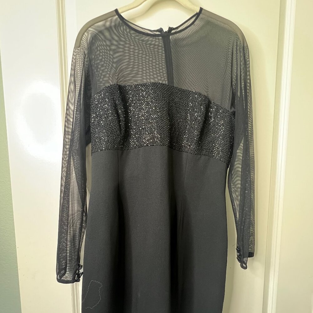 Carme Marc ValvoVintage 90's  Black Beaded Dress with mesh sleeves/yolk -Size 14